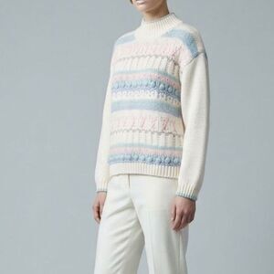 Bramble Lane Hand Knit Sweater White Blue Pink Ramie Blend. Size M